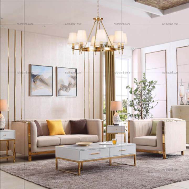 Bộ sofa hiện đại bọc vải kết hợp khung chân inox mạ vàng M8-3520 thumbnail 3