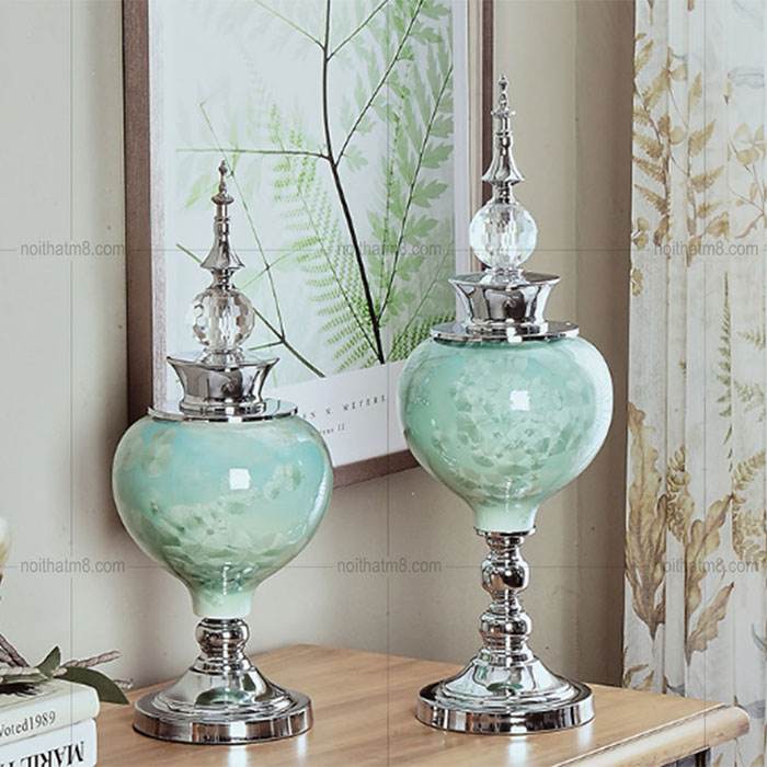 Bộ 2 bình gốm trang trí màu xanh ngọc độc đáo M8-D065