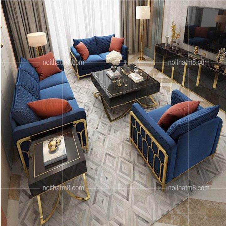Mẫu sofa cao cấp bọc nỉ nhung nhập khẩu kết hợp khung inox mạ vàng M8-3619 thumbnail 2