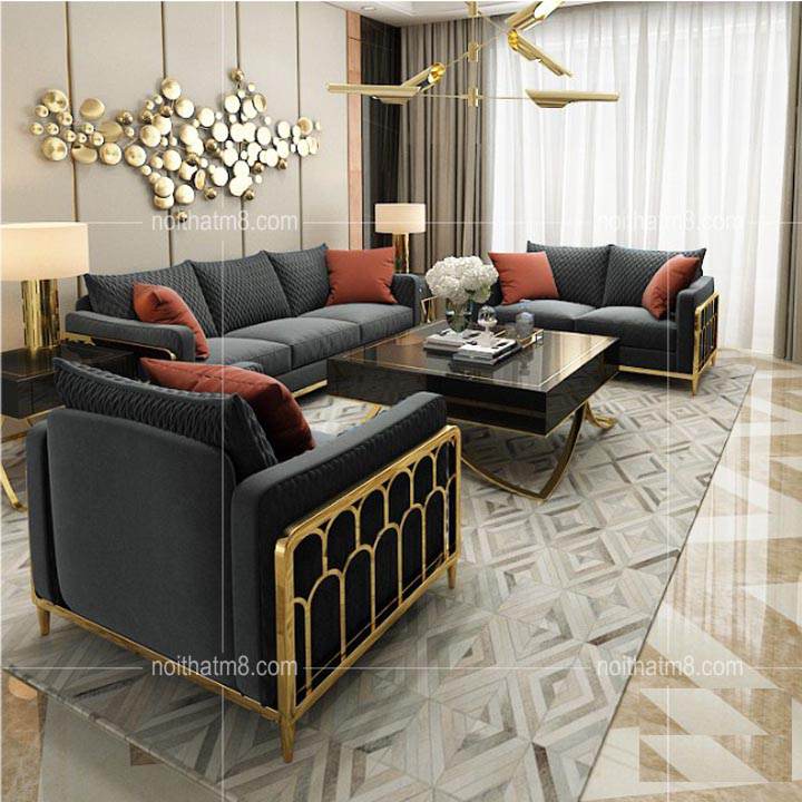 Mẫu sofa cao cấp bọc nỉ nhung nhập khẩu kết hợp khung inox mạ vàng M8-3619 thumbnail 3