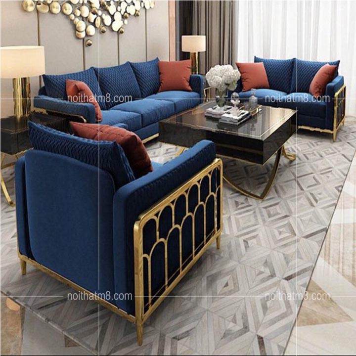 Mẫu sofa cao cấp bọc nỉ nhung nhập khẩu kết hợp khung inox mạ vàng M8-3619 thumbnail 4