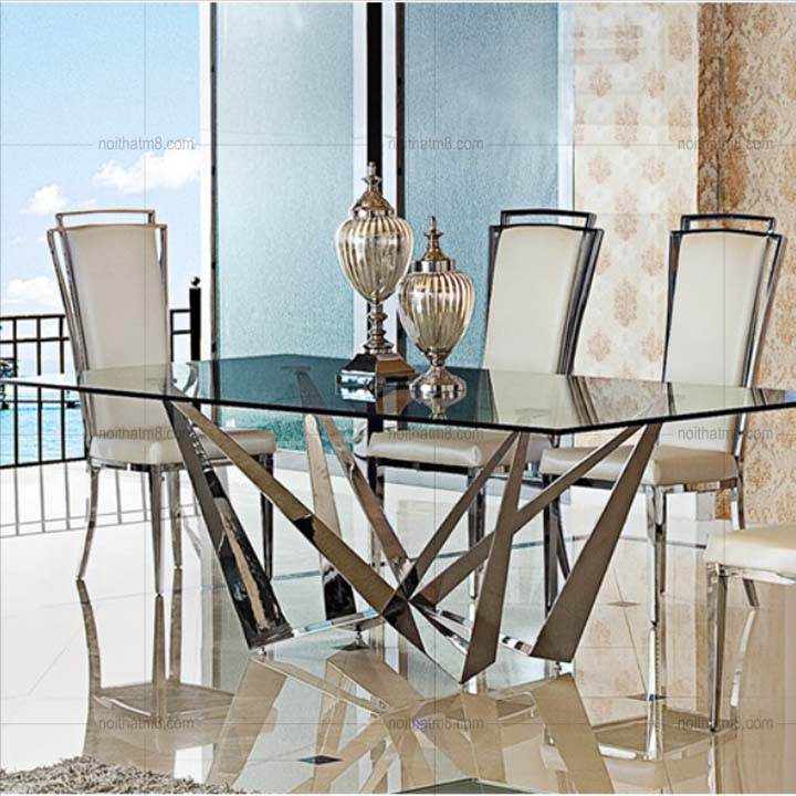 Bàn ăn đẹp hiện đại mặt kính chân W cách điệu M8-4096 thumbnail 2