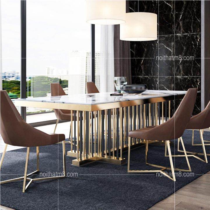 Mẫu bàn ăn mạ vàng mặt đá tự nhiên đẹp ấn tượng M8-4134 (giá bàn ăn không gồm ghế) thumbnail 2