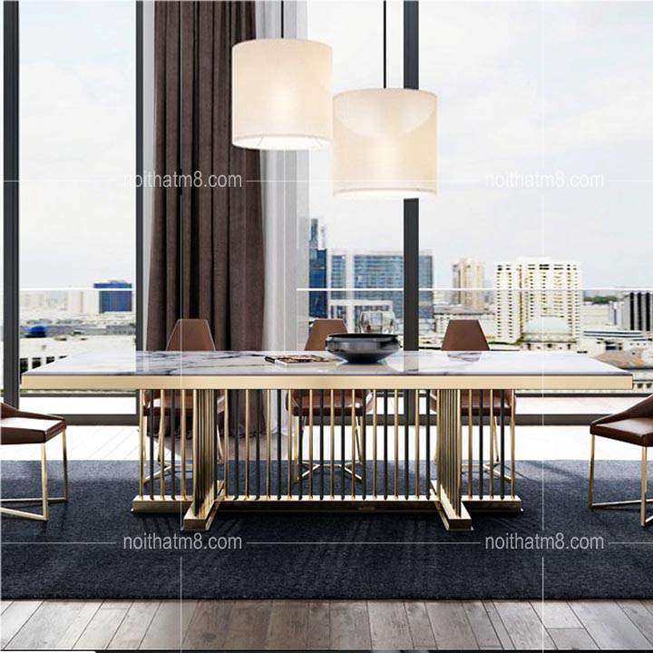 Mẫu bàn ăn mạ vàng mặt đá tự nhiên đẹp ấn tượng M8-4134 (giá bàn ăn không gồm ghế) thumbnail 3