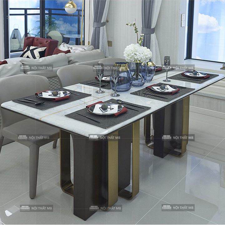 Mẫu bàn ăn hiện đại mặt đá chân sắt lịch lãm và bắt mắt M8-4138