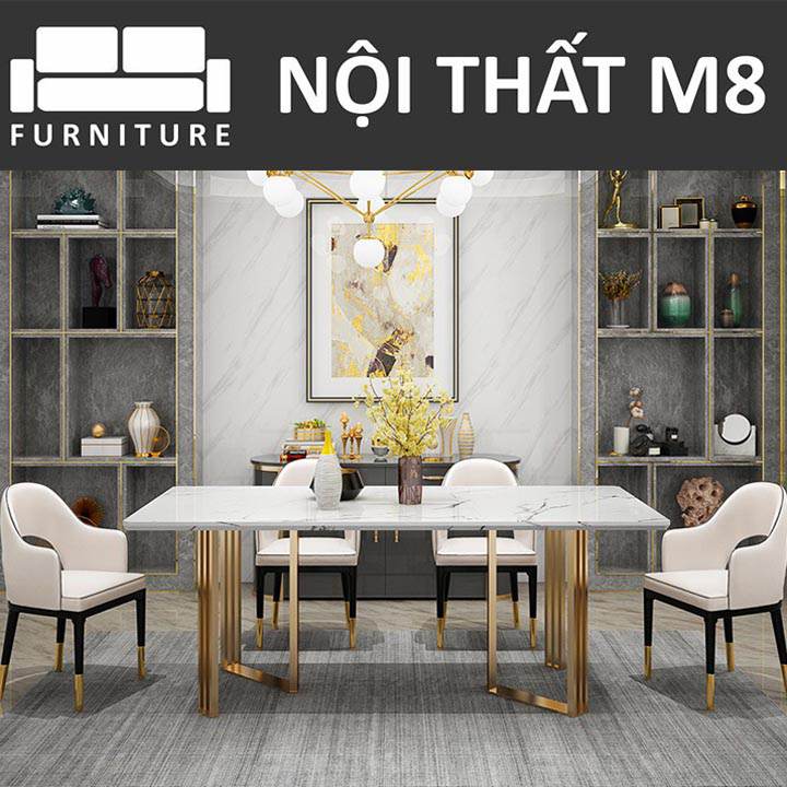 Bàn ăn gia đình đẹp tinh tế ấn tượng với khung inox mạ vàng M8-4142 thumbnail 4