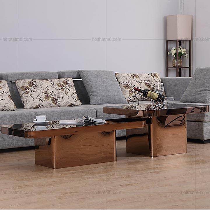 Bộ bàn trà vuông bằng inox mặt kính M8 – 4358