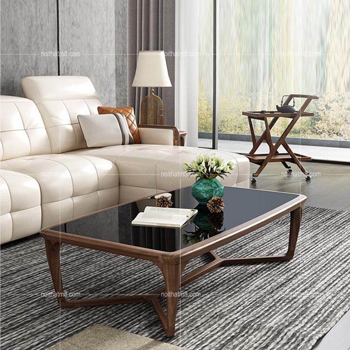 Bàn trà kính cường lực với viền gỗ óc chó sang trọng M8-4414