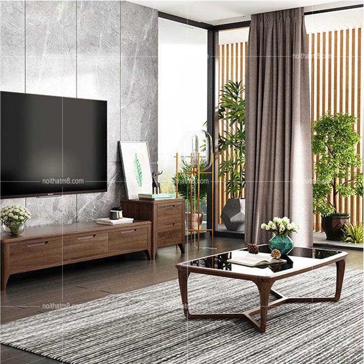 Bàn trà kính cường lực với viền gỗ óc chó sang trọng M8-4414 thumbnail 2