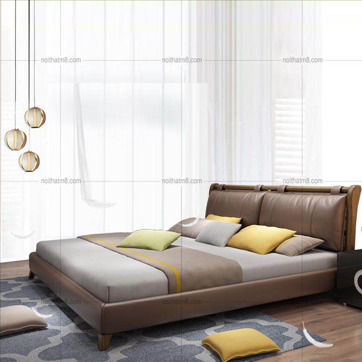Giường gỗ cao cấp có nệm bọc da lịch lãm M8-6078