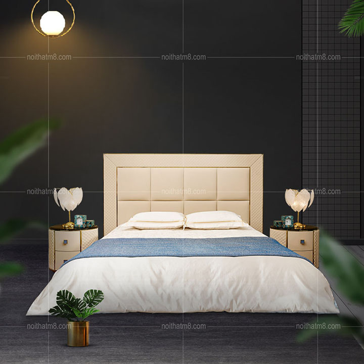 Mẫu giường ngủ đẹp bọc da kết hợp viền inox 304 mạ titan cao cấp M8-6063 thumbnail 4