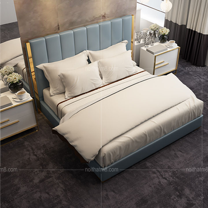Giường ngủ bọc da kết hợp khung viền inox 304 mạ titan cao cấp M8-6048 thumbnail 4