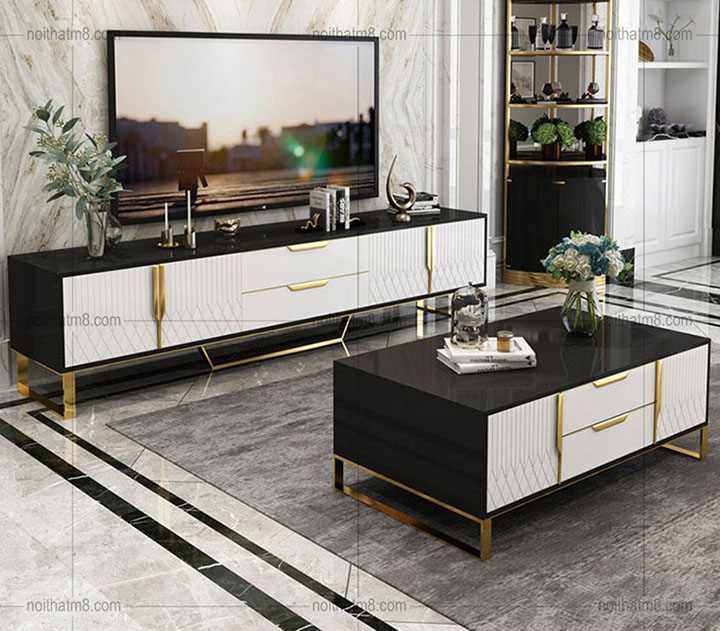 Mẫu kệ tivi phòng khách gỗ công nghiệp kết hợp inox 304 mạ titan cao cấp M8 – 2090 thumbnail 2