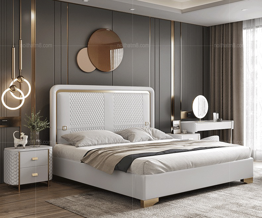 Mẫu giường ngủ bọc da viền inox 304 mạ titan độc đáo M8-6088