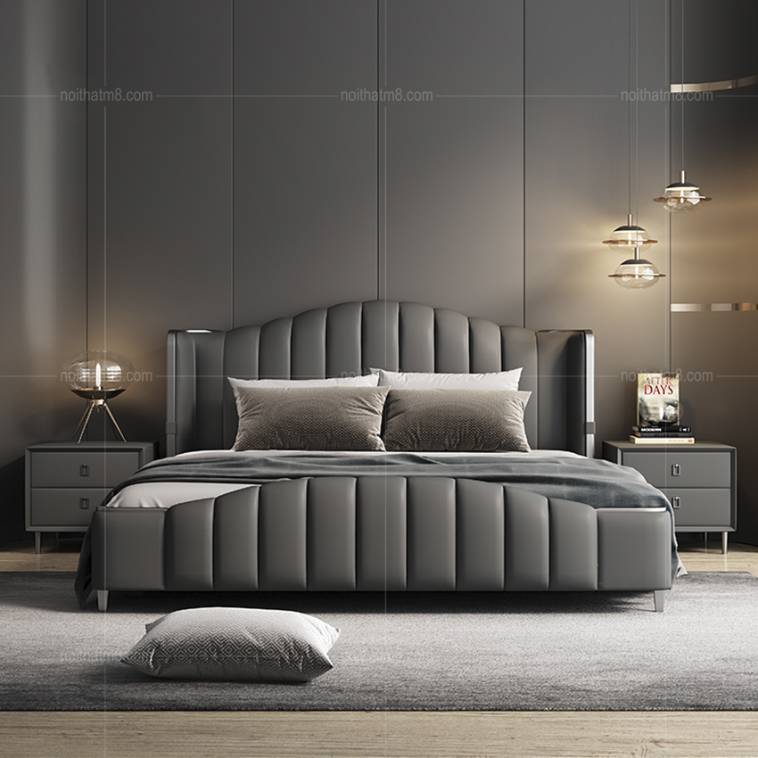 Giường ngủ bọc da viền inox trắng hiện đại M8-6003 thumbnail 4