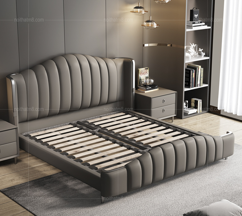 Giường ngủ bọc da viền inox trắng hiện đại M8-6003 thumbnail 5