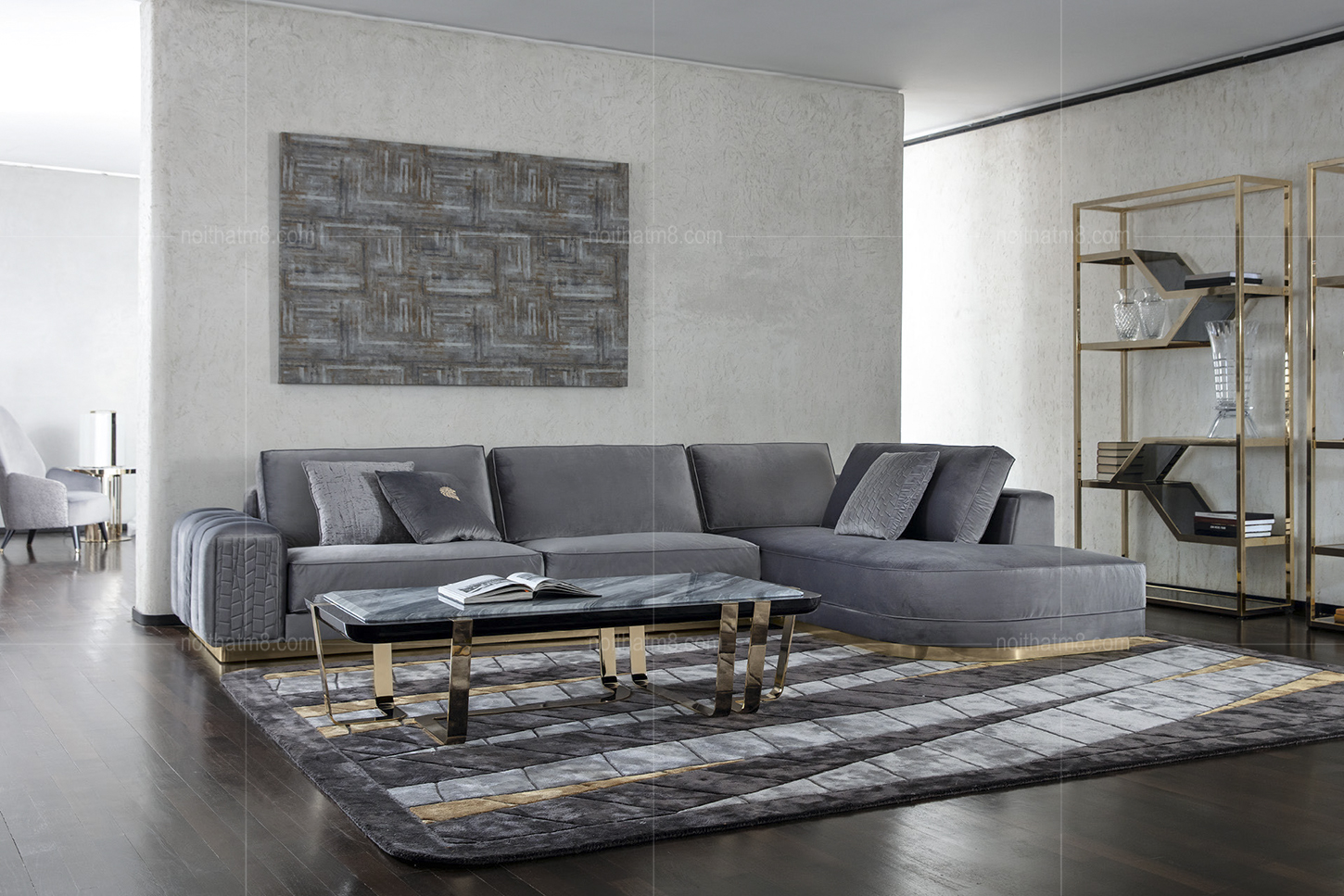 Ghế sofa nỉ nhung góc L phong cách Ý sang trọng M8-3559 thumbnail 3