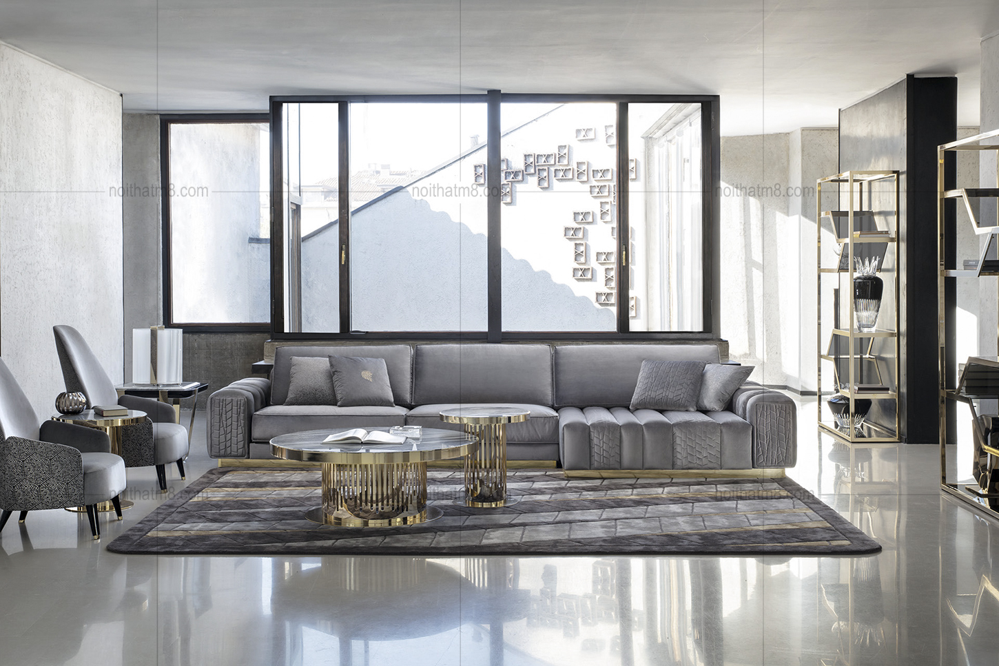 Ghế sofa nỉ nhung góc L phong cách Ý sang trọng M8-3559 thumbnail 2
